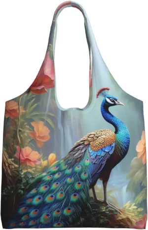 Canvas Aesthetic Tote Bag for Women Handbag Magic Forest Pond Peacock Reusable Grocery Bags with Handles