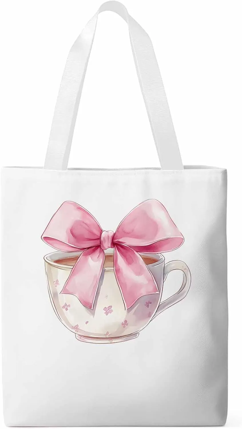 Canvas Bag Pink Bow Teacup Canvas Grocery Bag with Long Shoulder Strap Foldable, Washable Shopping Bags Reusable White Shoulder Bag for Women 14x16 inch