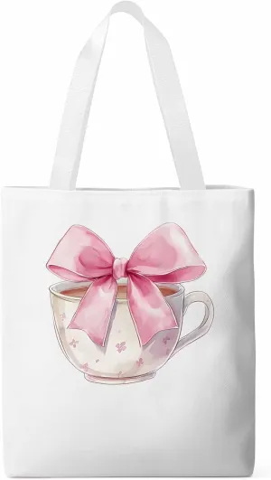 Canvas Bag Pink Bow Teacup Canvas Grocery Bag with Long Shoulder Strap Foldable, Washable Shopping Bags Reusable White Shoulder Bag for Women 14x16 inch