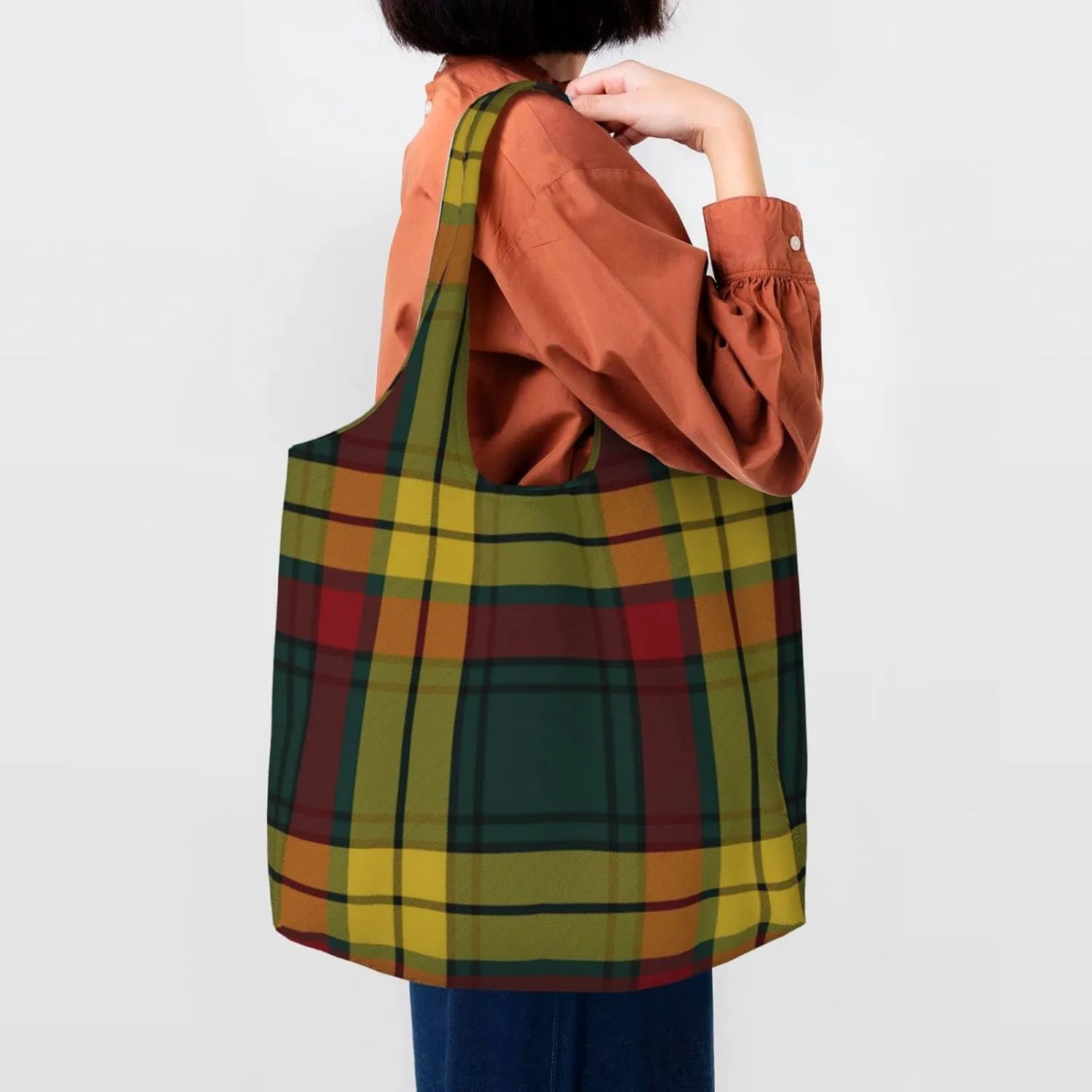 Canvas Shoulder Tote Bags For Women And Men, Reusable Grocery Bags, Large Capacity Clelland Modern Tartan Printed