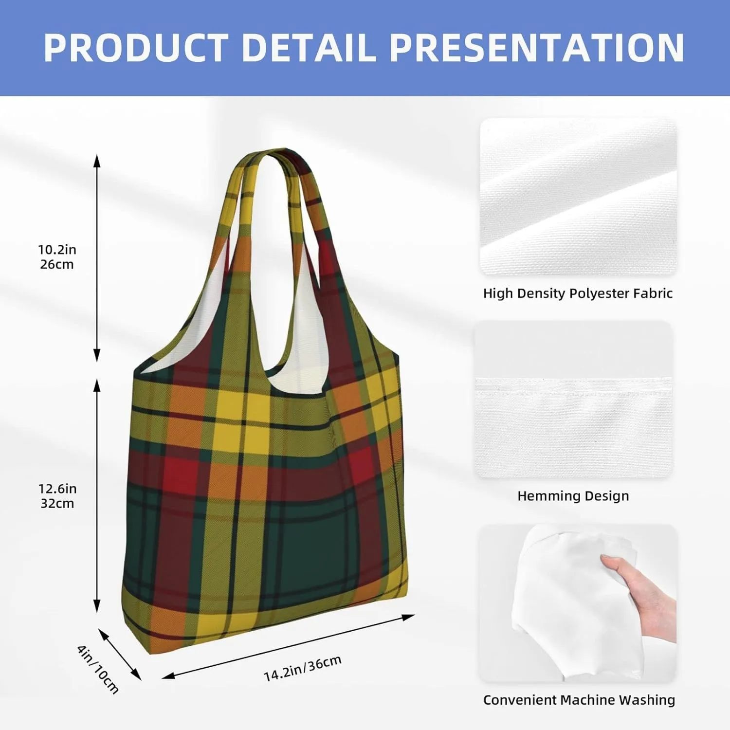 Canvas Shoulder Tote Bags For Women And Men, Reusable Grocery Bags, Large Capacity Clelland Modern Tartan Printed