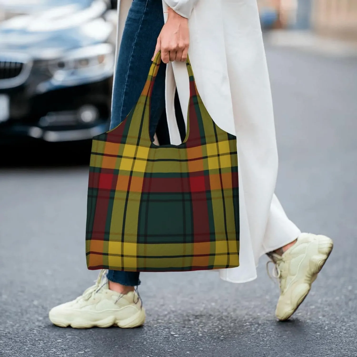Canvas Shoulder Tote Bags For Women And Men, Reusable Grocery Bags, Large Capacity Clelland Modern Tartan Printed