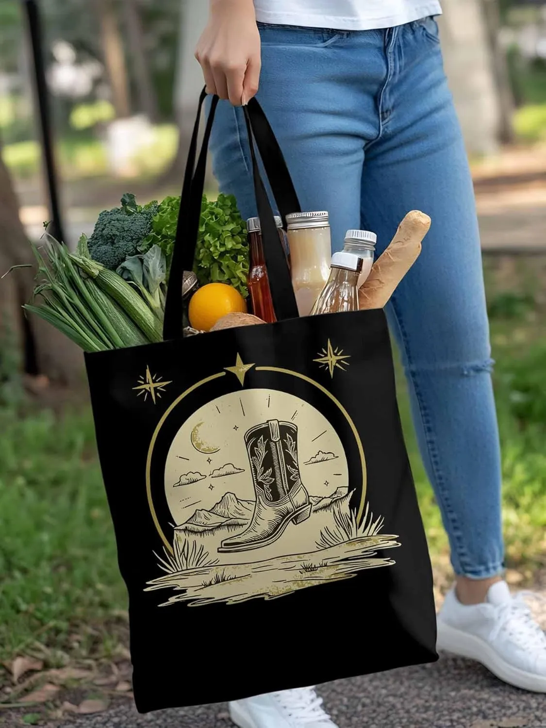 Canvas Tote Bag, Abstract Retro Cowboys Boots Aesthetic Canvas Tote Handbags for Women Shoulder Bag,