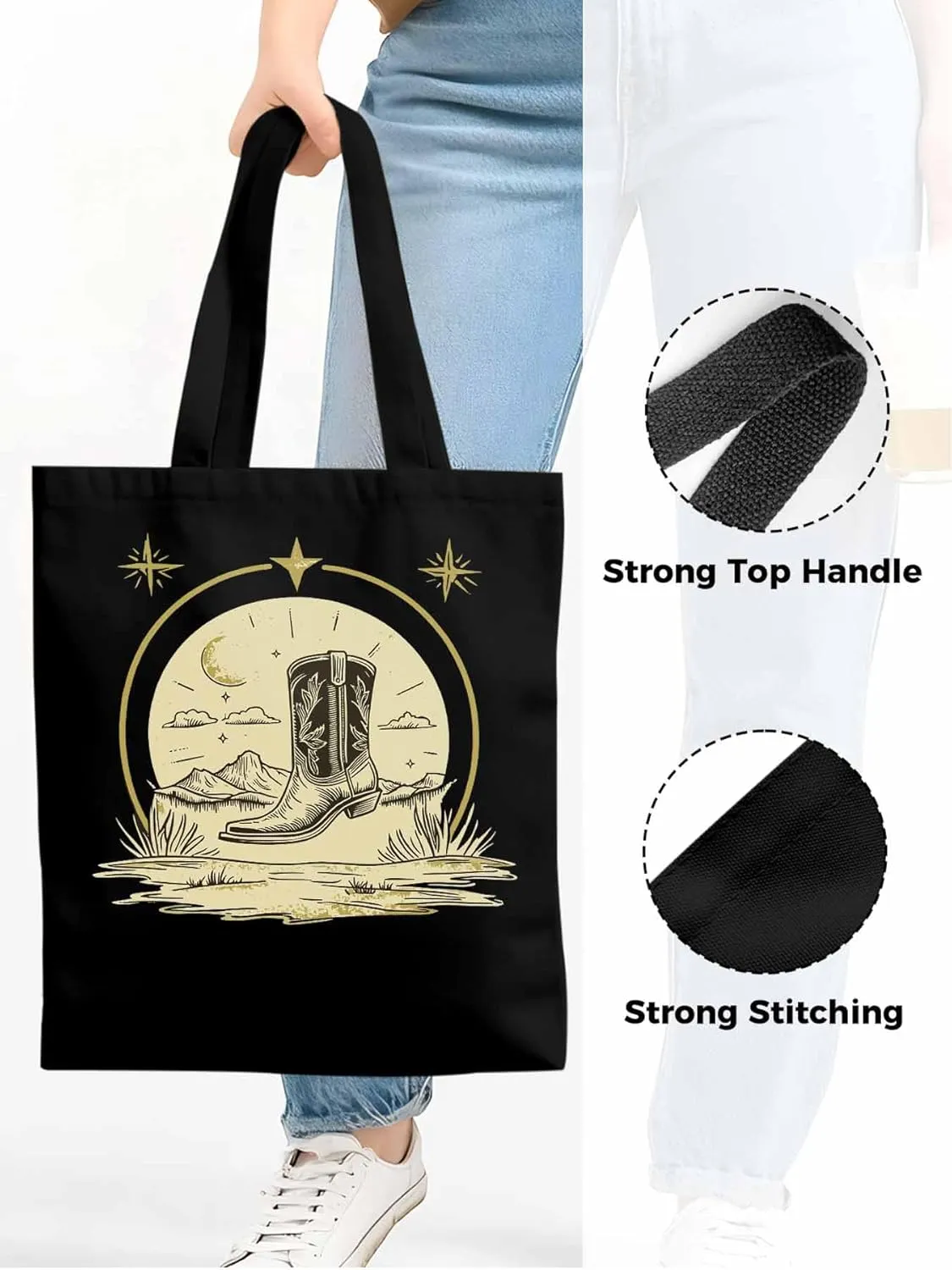 Canvas Tote Bag, Abstract Retro Cowboys Boots Aesthetic Canvas Tote Handbags for Women Shoulder Bag,