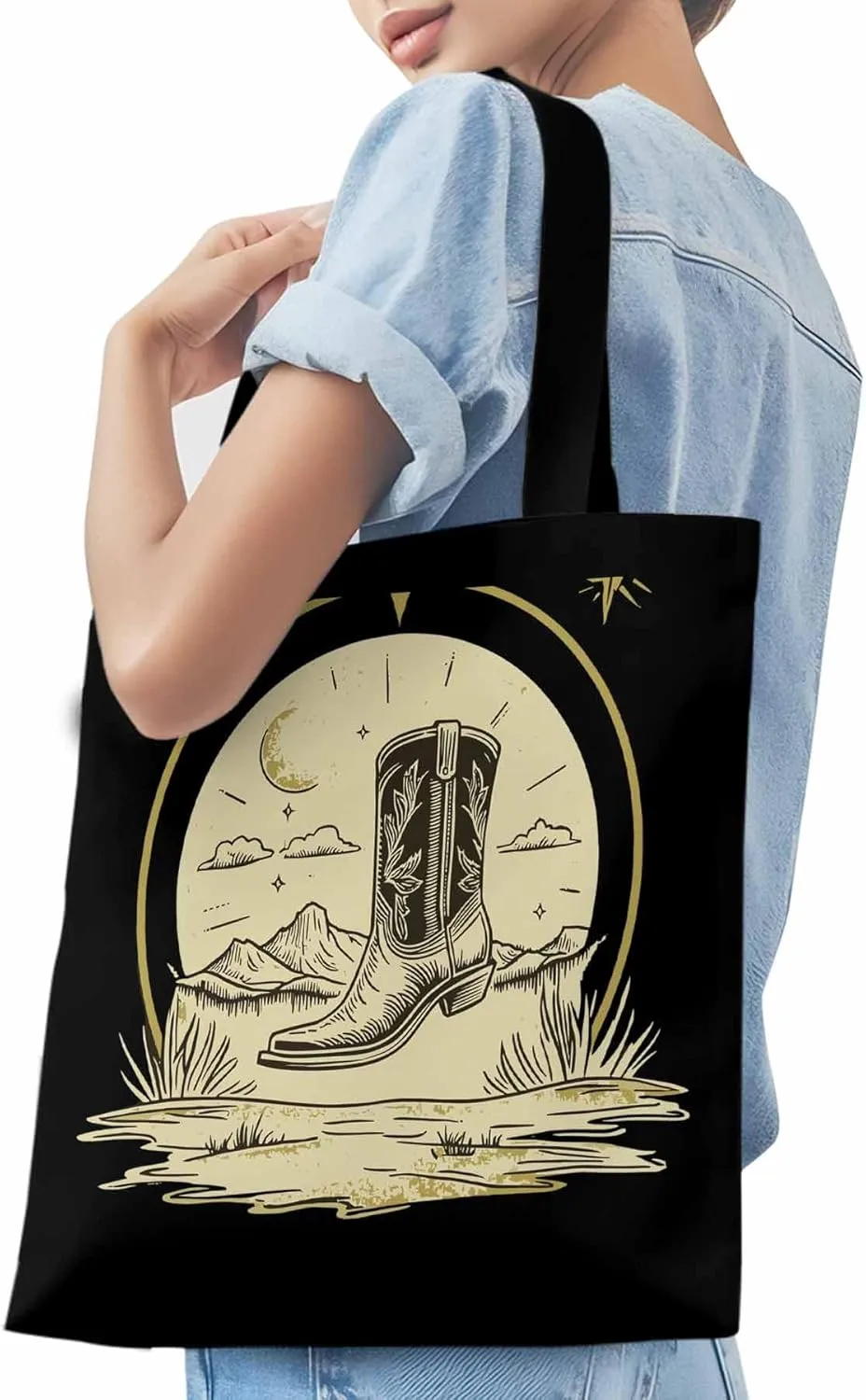 Canvas Tote Bag, Abstract Retro Cowboys Boots Aesthetic Canvas Tote Handbags for Women Shoulder Bag,