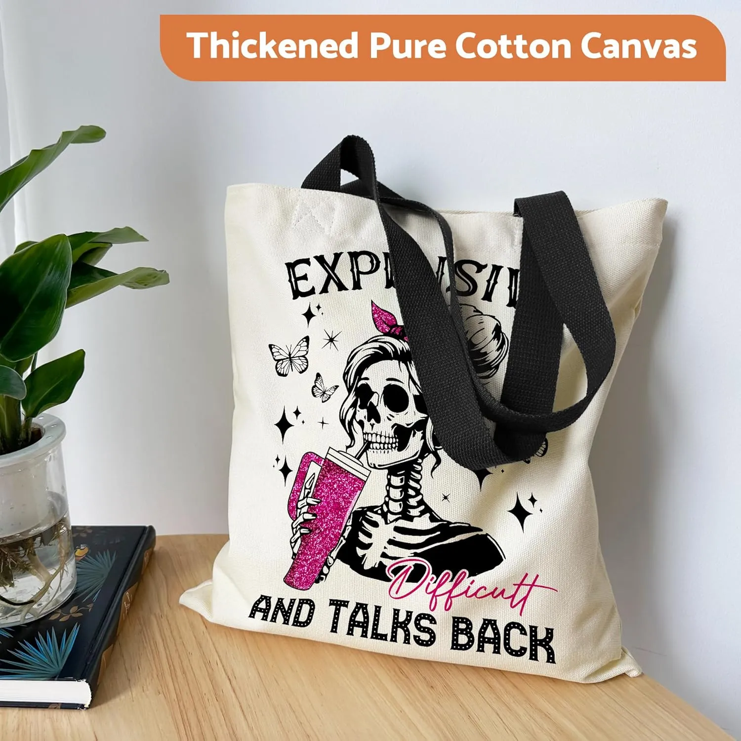Canvas Tote Bag Aesthetic for Women, Cute Tote Bag with Zipper Pocket, Heavy Duty Reusable Shopping Bags for Grocery