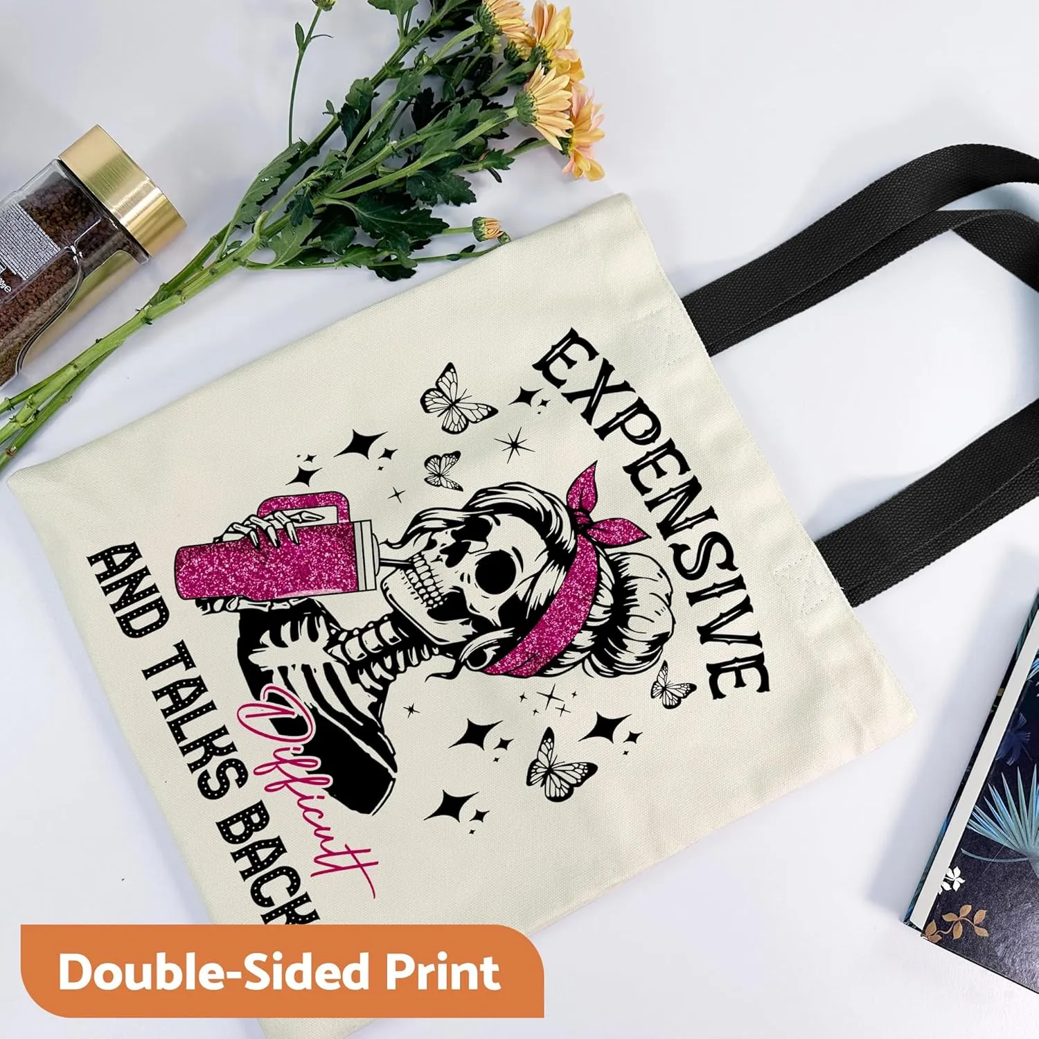 Canvas Tote Bag Aesthetic for Women, Cute Tote Bag with Zipper Pocket, Heavy Duty Reusable Shopping Bags for Grocery
