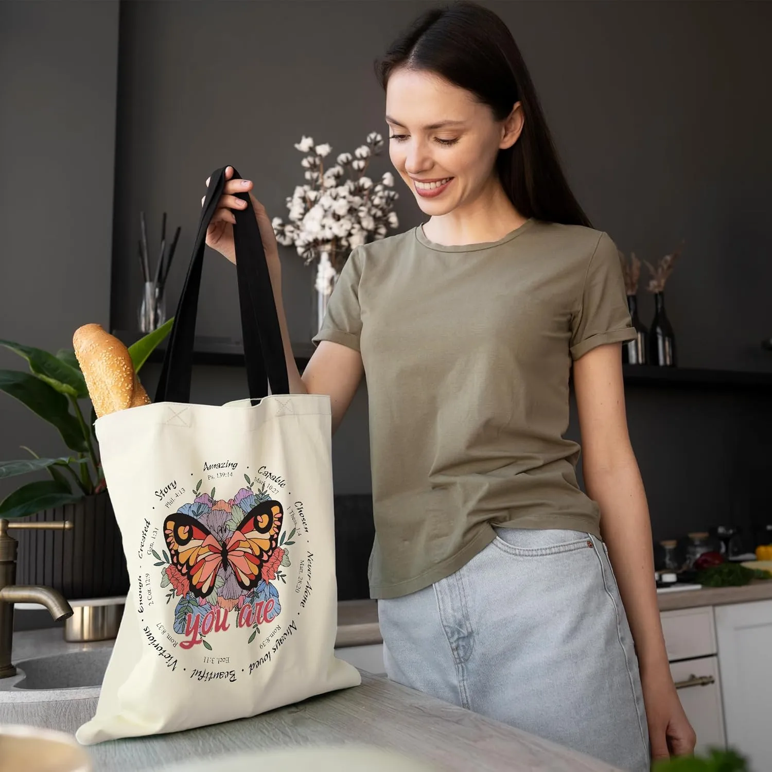 Canvas Tote Bag Aesthetic for Women, Cute Tote Bag with Zipper Pocket, Heavy Duty Reusable Shopping Bags for Grocery