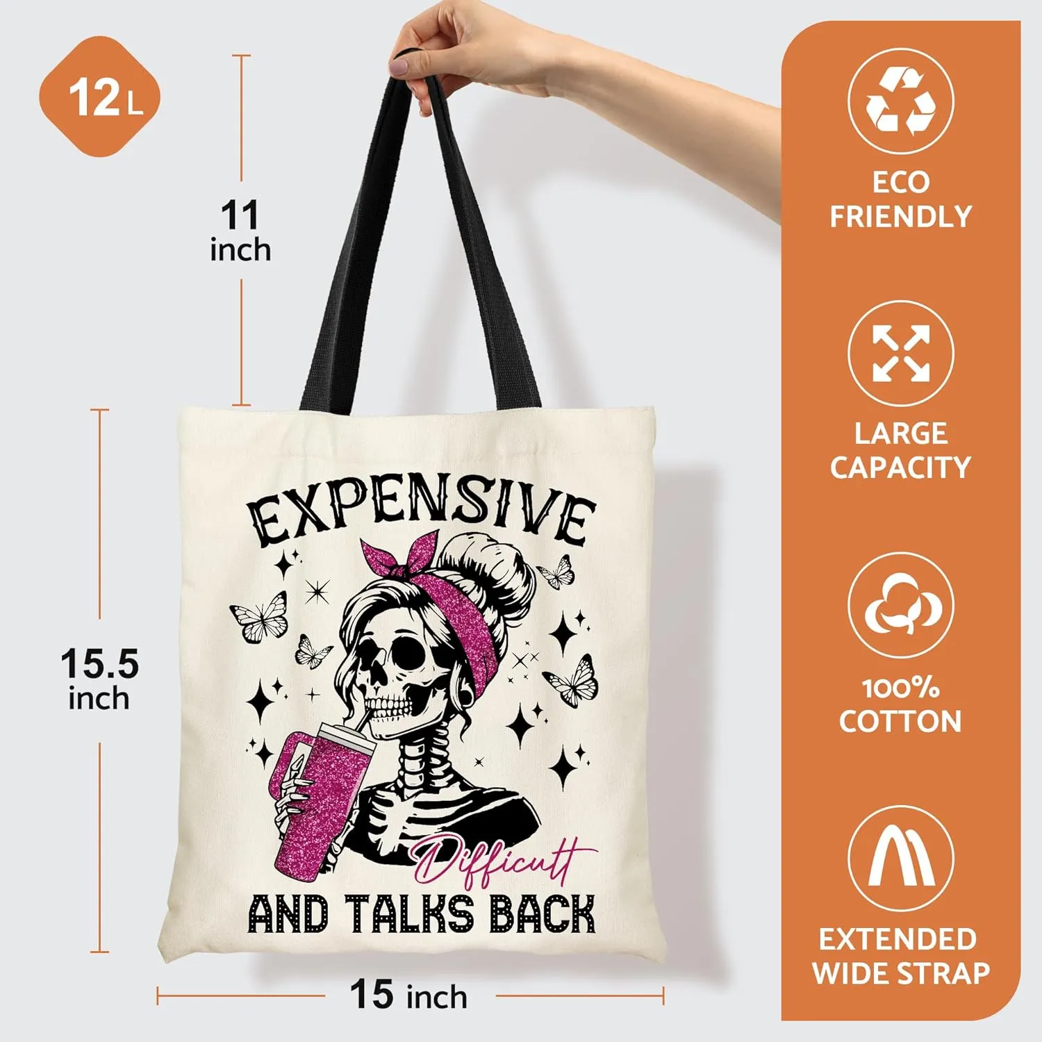 Canvas Tote Bag Aesthetic for Women, Cute Tote Bag with Zipper Pocket, Heavy Duty Reusable Shopping Bags for Grocery