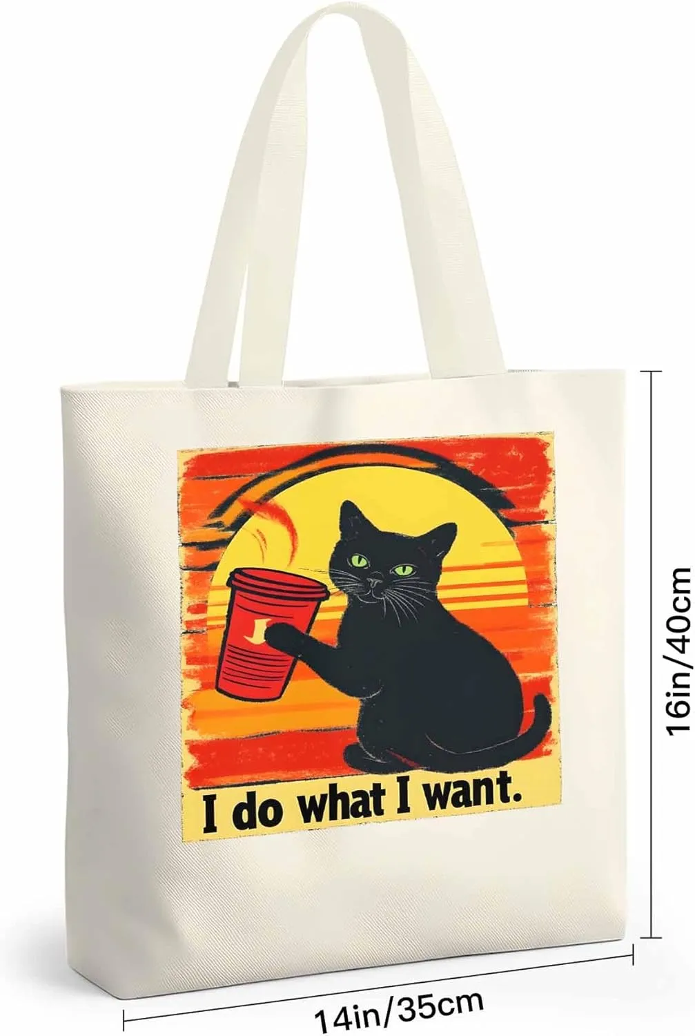 Canvas Tote Bag Black Cat Drink Reusable Grocery Shopping Bags with Handle, I Do What I Do Large Canvas