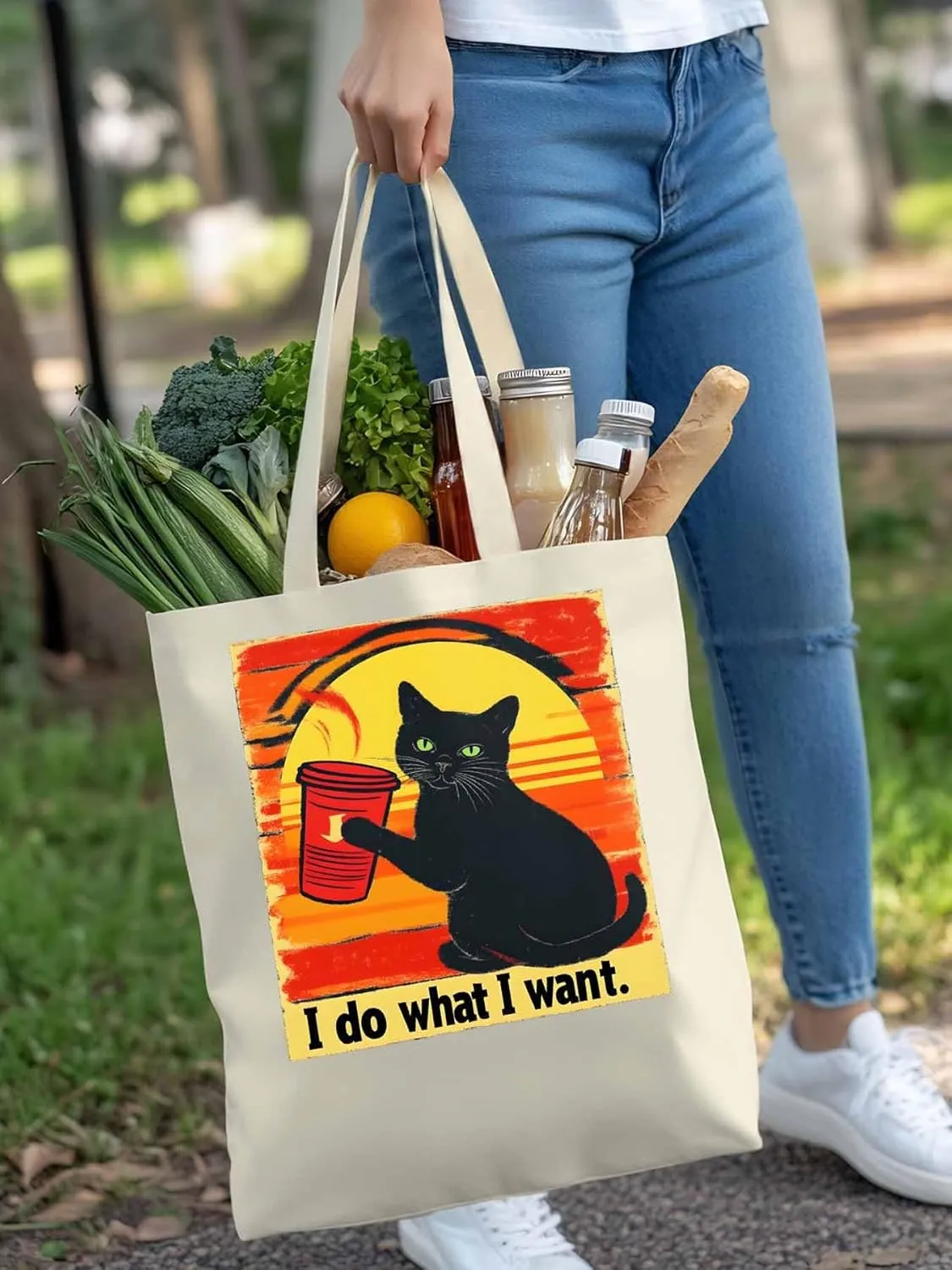 Canvas Tote Bag Black Cat Drink Reusable Grocery Shopping Bags with Handle, I Do What I Do Large Canvas
