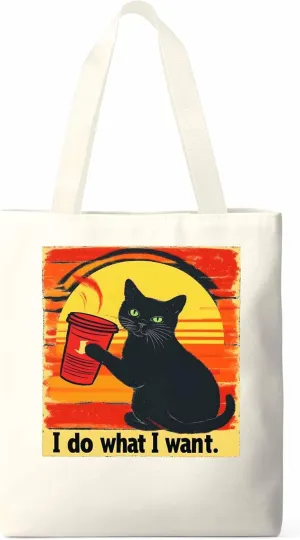 Canvas Tote Bag Black Cat Drink Reusable Grocery Shopping Bags with Handle, I Do What I Do Large Canvas