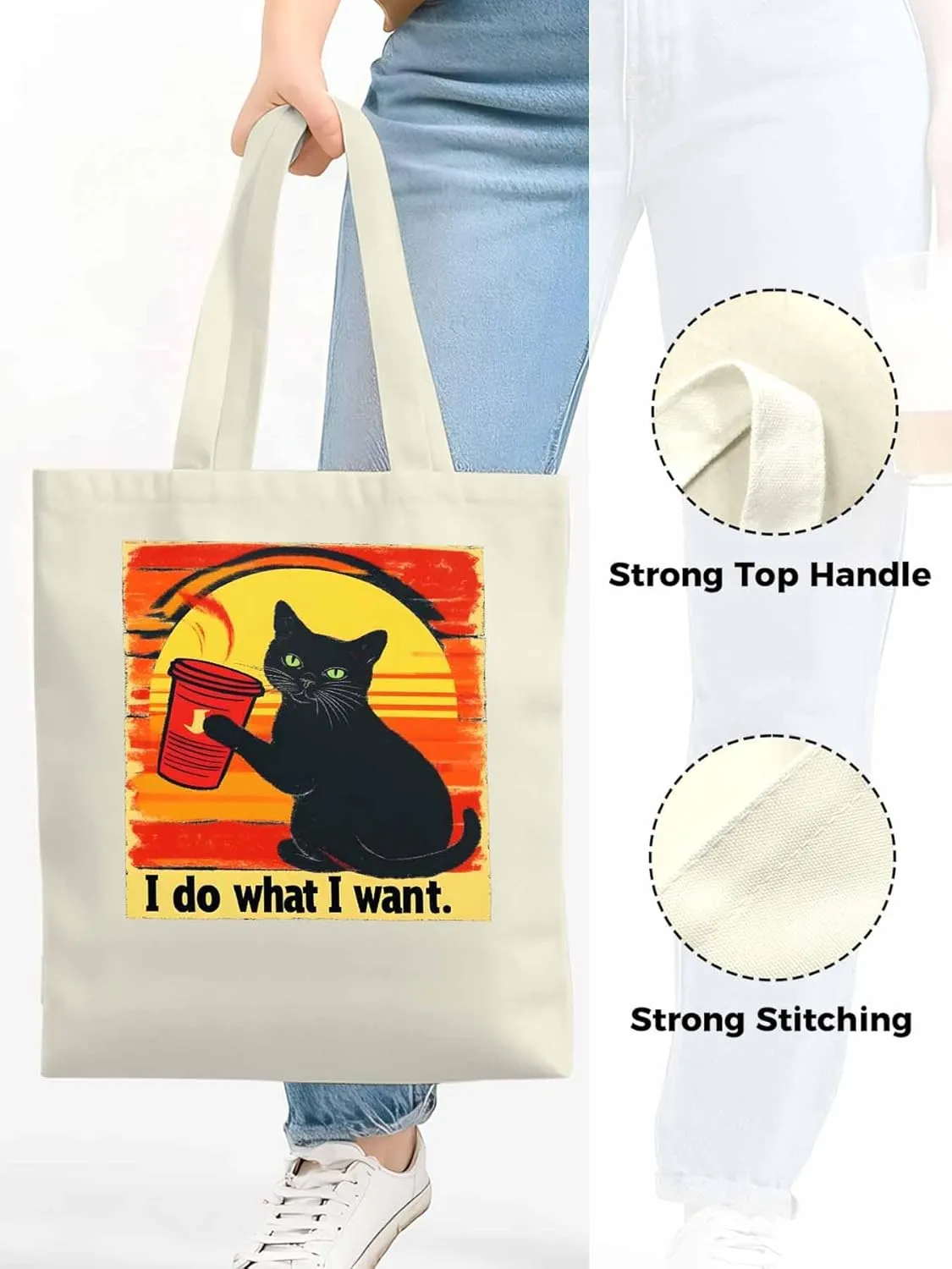 Canvas Tote Bag Black Cat Drink Reusable Grocery Shopping Bags with Handle, I Do What I Do Large Canvas