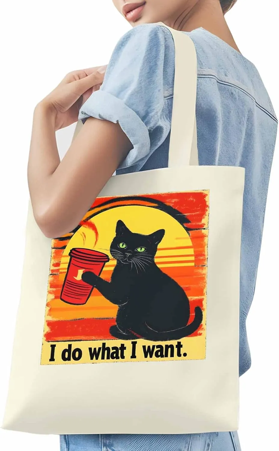 Canvas Tote Bag Black Cat Drink Reusable Grocery Shopping Bags with Handle, I Do What I Do Large Canvas