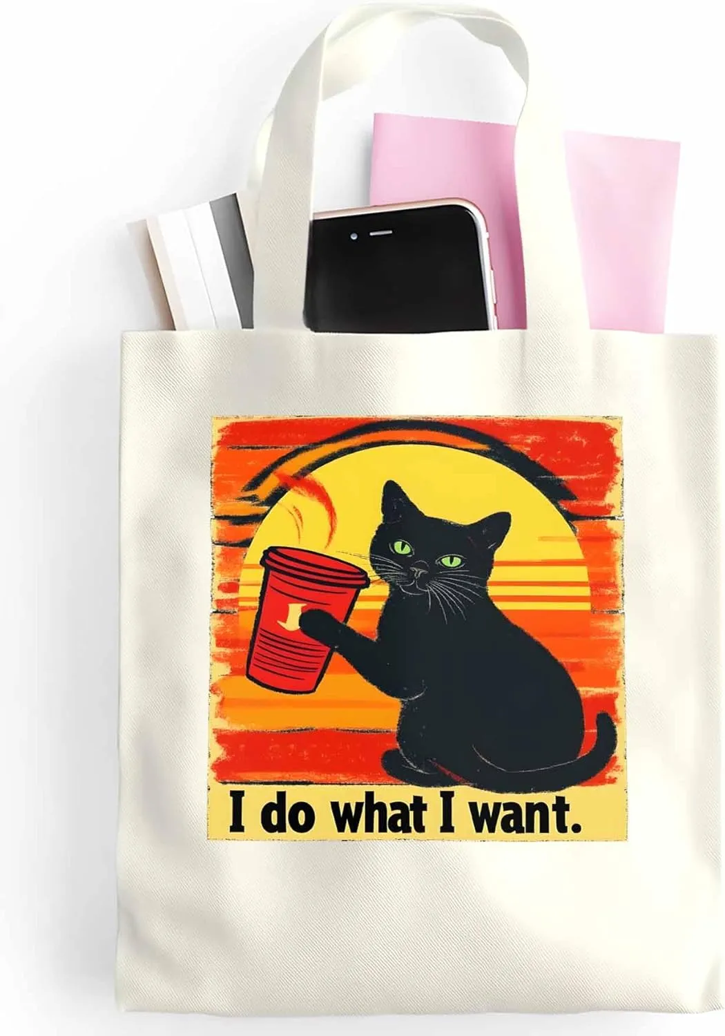 Canvas Tote Bag Black Cat Drink Reusable Grocery Shopping Bags with Handle, I Do What I Do Large Canvas