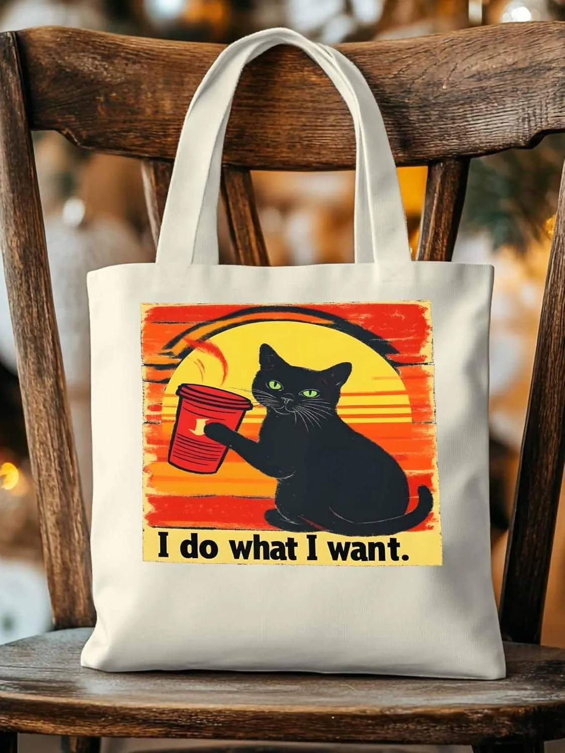Canvas Tote Bag Black Cat Drink Reusable Grocery Shopping Bags with Handle, I Do What I Do Large Canvas