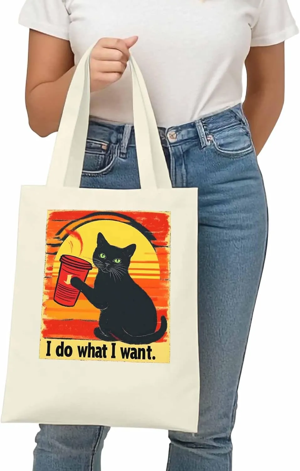 Canvas Tote Bag Black Cat Drink Reusable Grocery Shopping Bags with Handle, I Do What I Do Large Canvas
