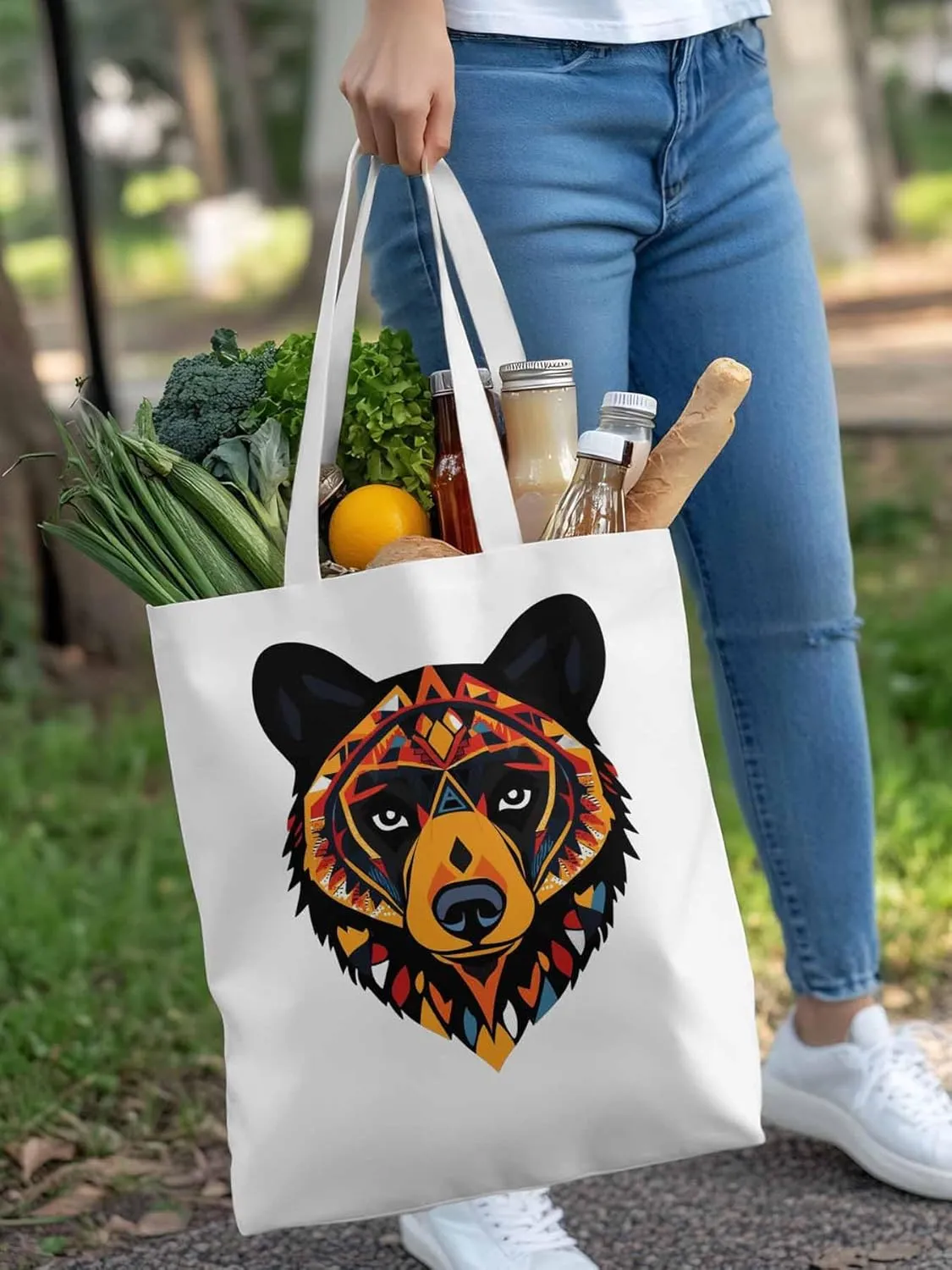 Canvas Tote Bag, Boho Geometric Bears Print patterned Canvas Tote Handbags for Women Shoulder Bag,