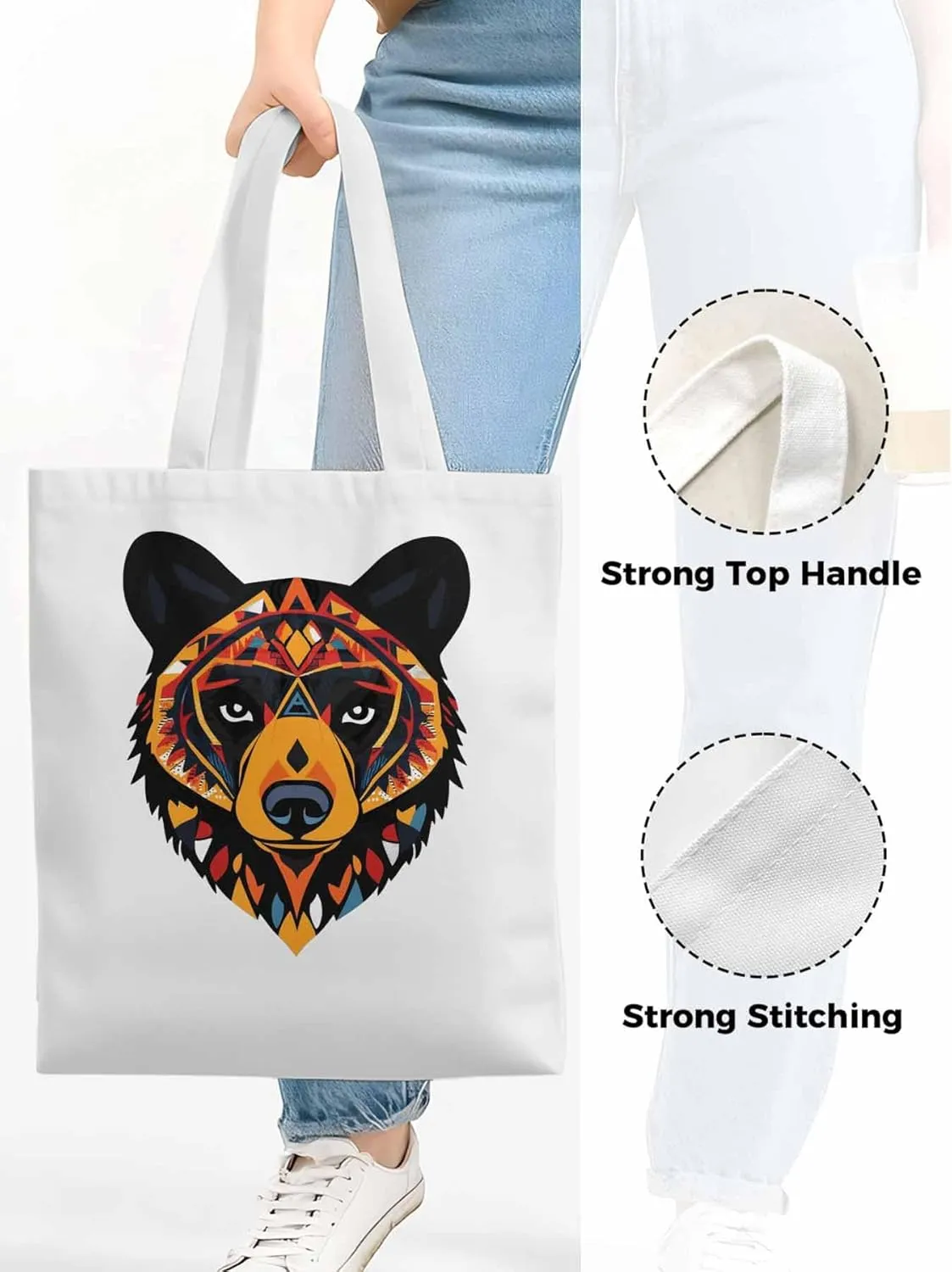 Canvas Tote Bag, Boho Geometric Bears Print patterned Canvas Tote Handbags for Women Shoulder Bag,