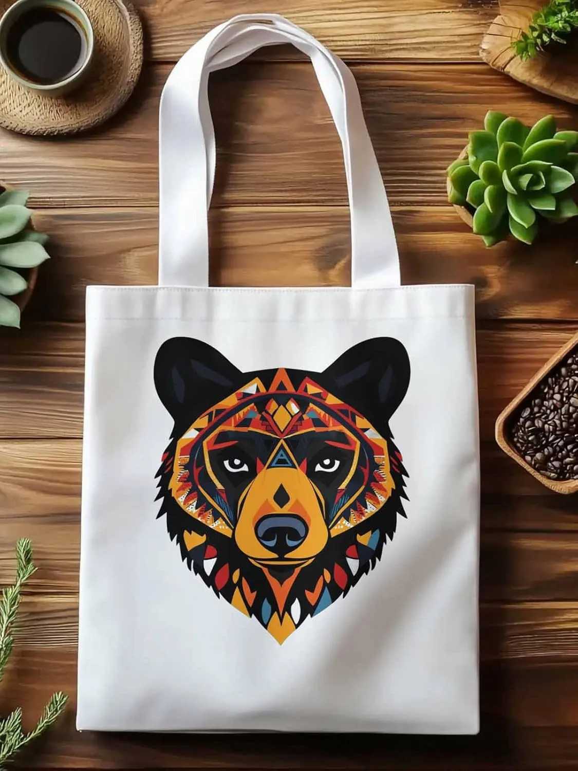 Canvas Tote Bag, Boho Geometric Bears Print patterned Canvas Tote Handbags for Women Shoulder Bag,