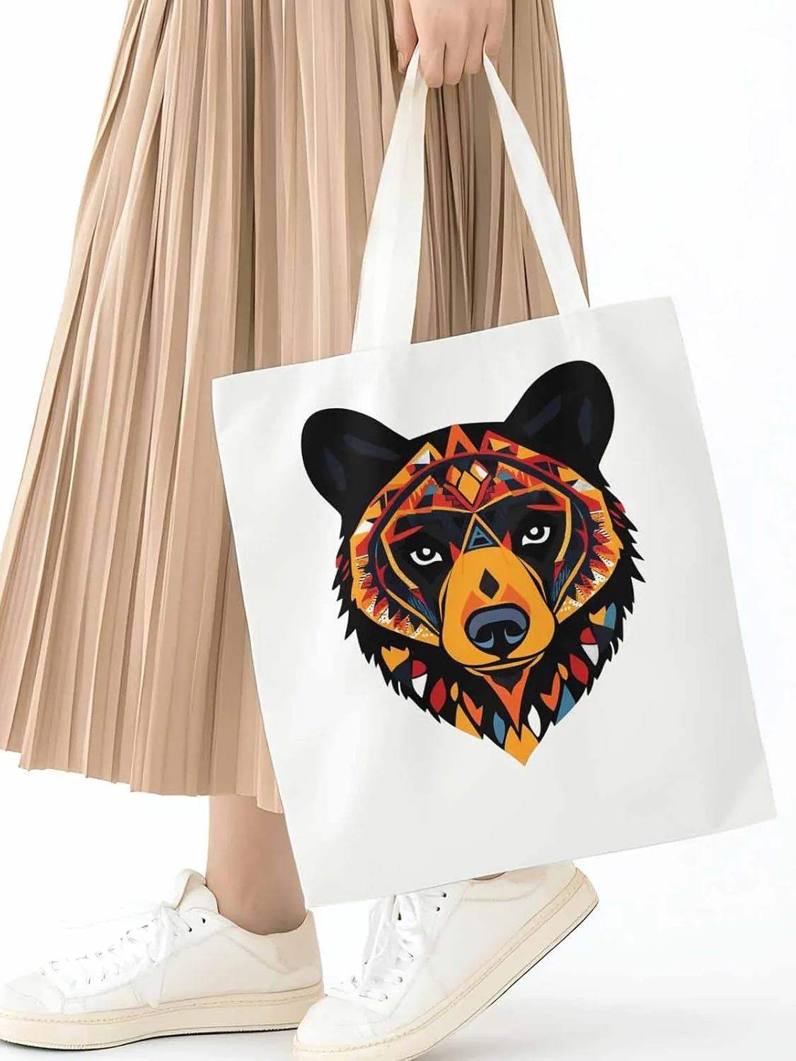 Canvas Tote Bag, Boho Geometric Bears Print patterned Canvas Tote Handbags for Women Shoulder Bag,