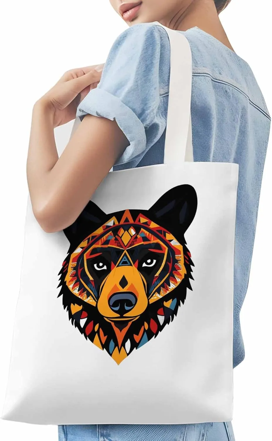Canvas Tote Bag, Boho Geometric Bears Print patterned Canvas Tote Handbags for Women Shoulder Bag,