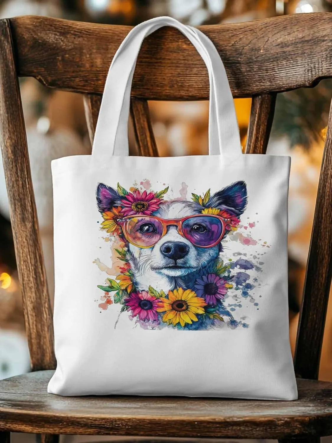 Canvas Tote Bag, Chih Dog among Flowers patterned Canvas Tote Handbags for Women Shoulder Bag,