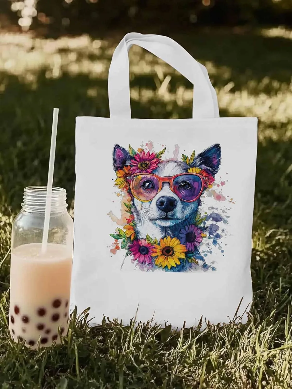 Canvas Tote Bag, Chih Dog among Flowers patterned Canvas Tote Handbags for Women Shoulder Bag,