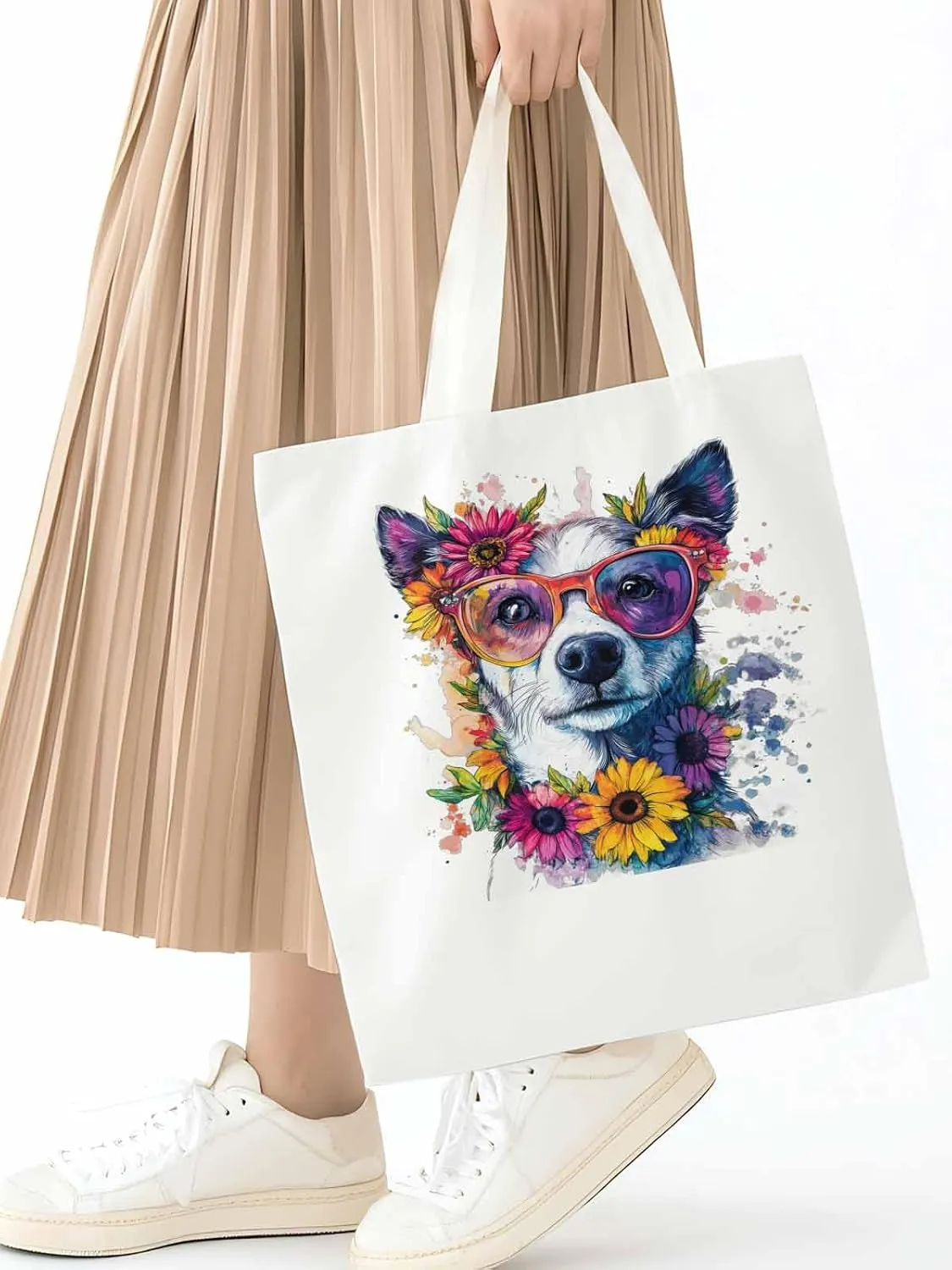 Canvas Tote Bag, Chih Dog among Flowers patterned Canvas Tote Handbags for Women Shoulder Bag,