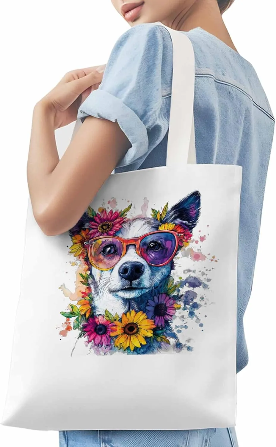 Canvas Tote Bag, Chih Dog among Flowers patterned Canvas Tote Handbags for Women Shoulder Bag,