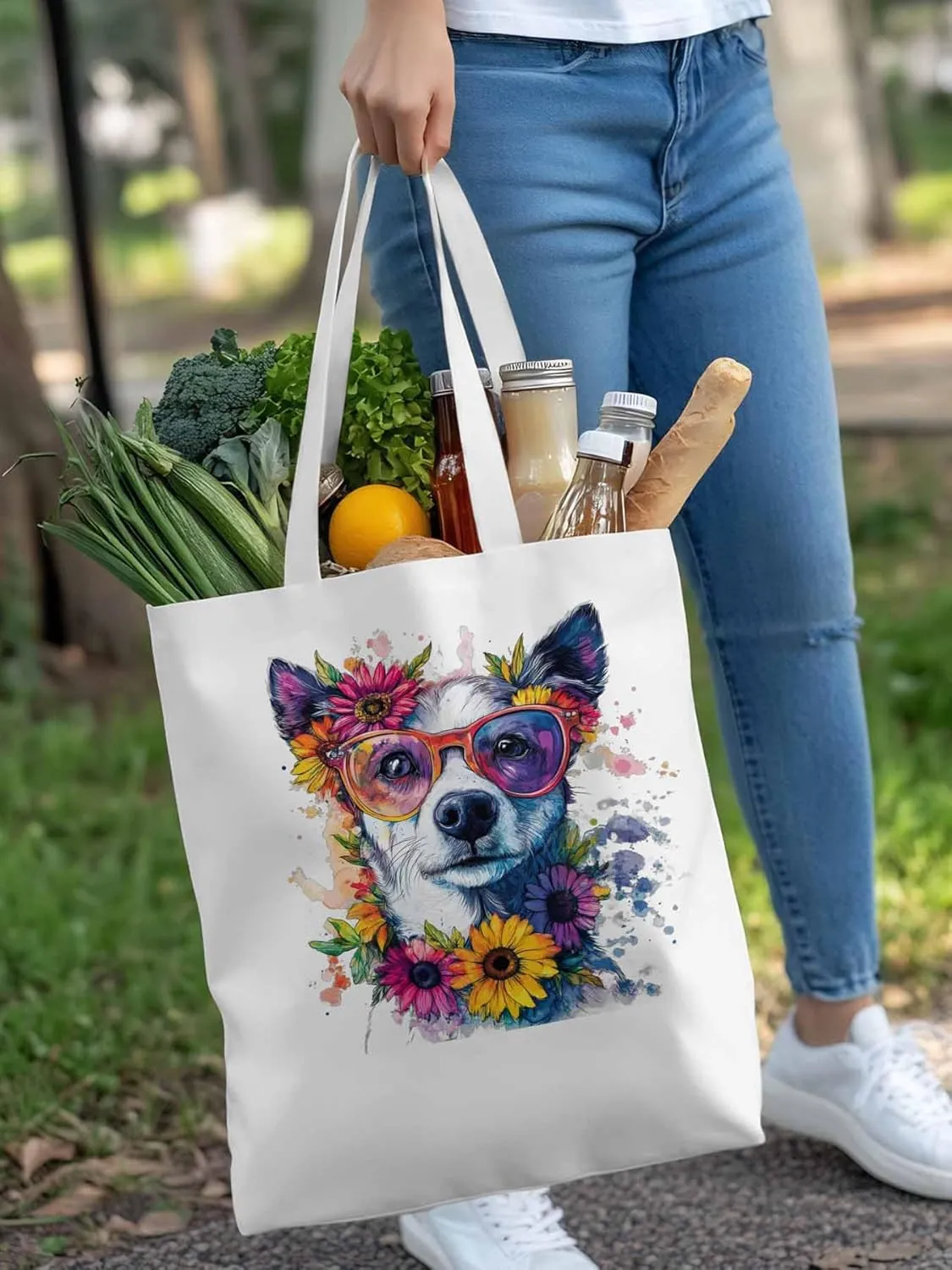 Canvas Tote Bag, Chih Dog among Flowers patterned Canvas Tote Handbags for Women Shoulder Bag,