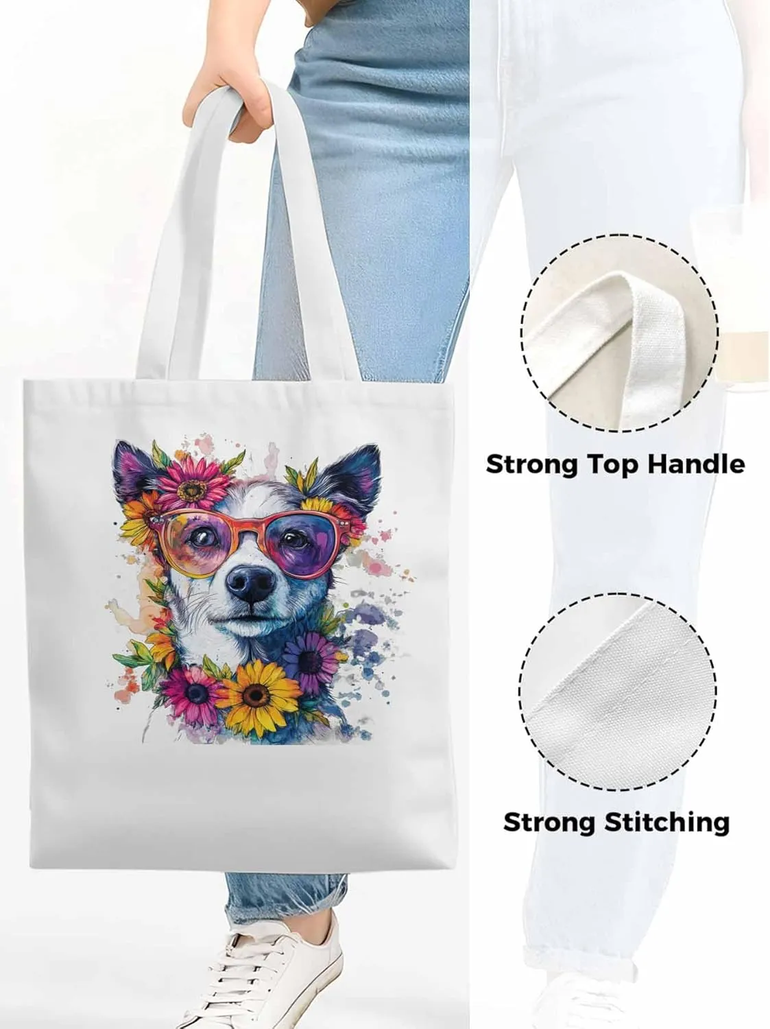 Canvas Tote Bag, Chih Dog among Flowers patterned Canvas Tote Handbags for Women Shoulder Bag,