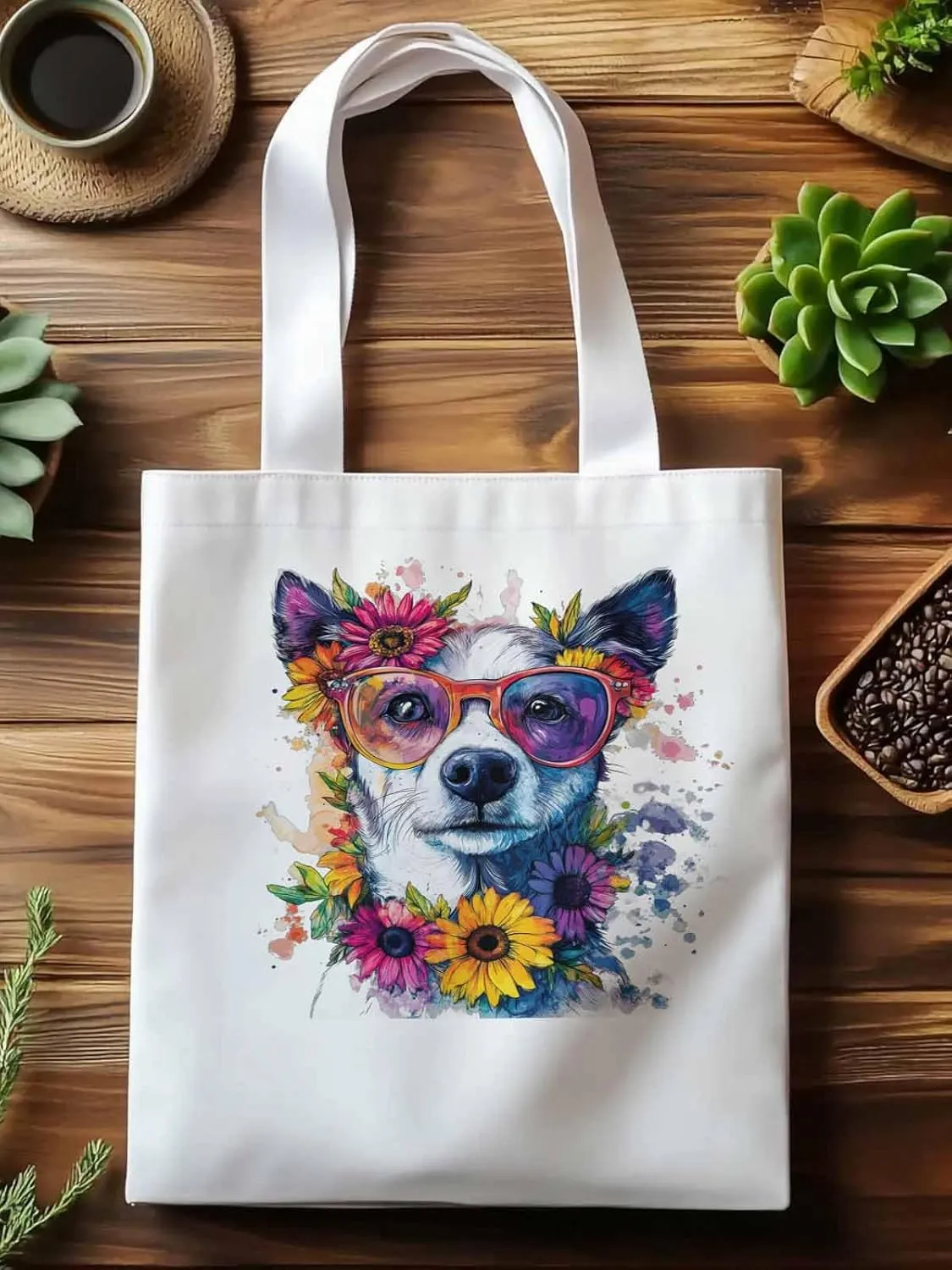 Canvas Tote Bag, Chih Dog among Flowers patterned Canvas Tote Handbags for Women Shoulder Bag,