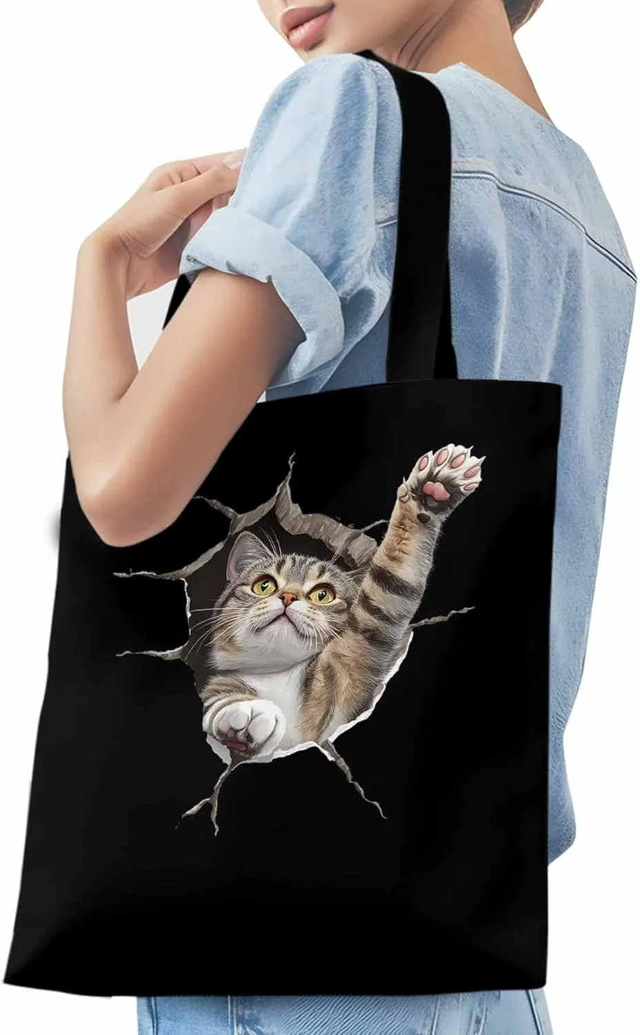 Canvas Tote Bag, Crack Cat Funny Aesthetic Canvas Tote Handbags for Women Shoulder Bag,