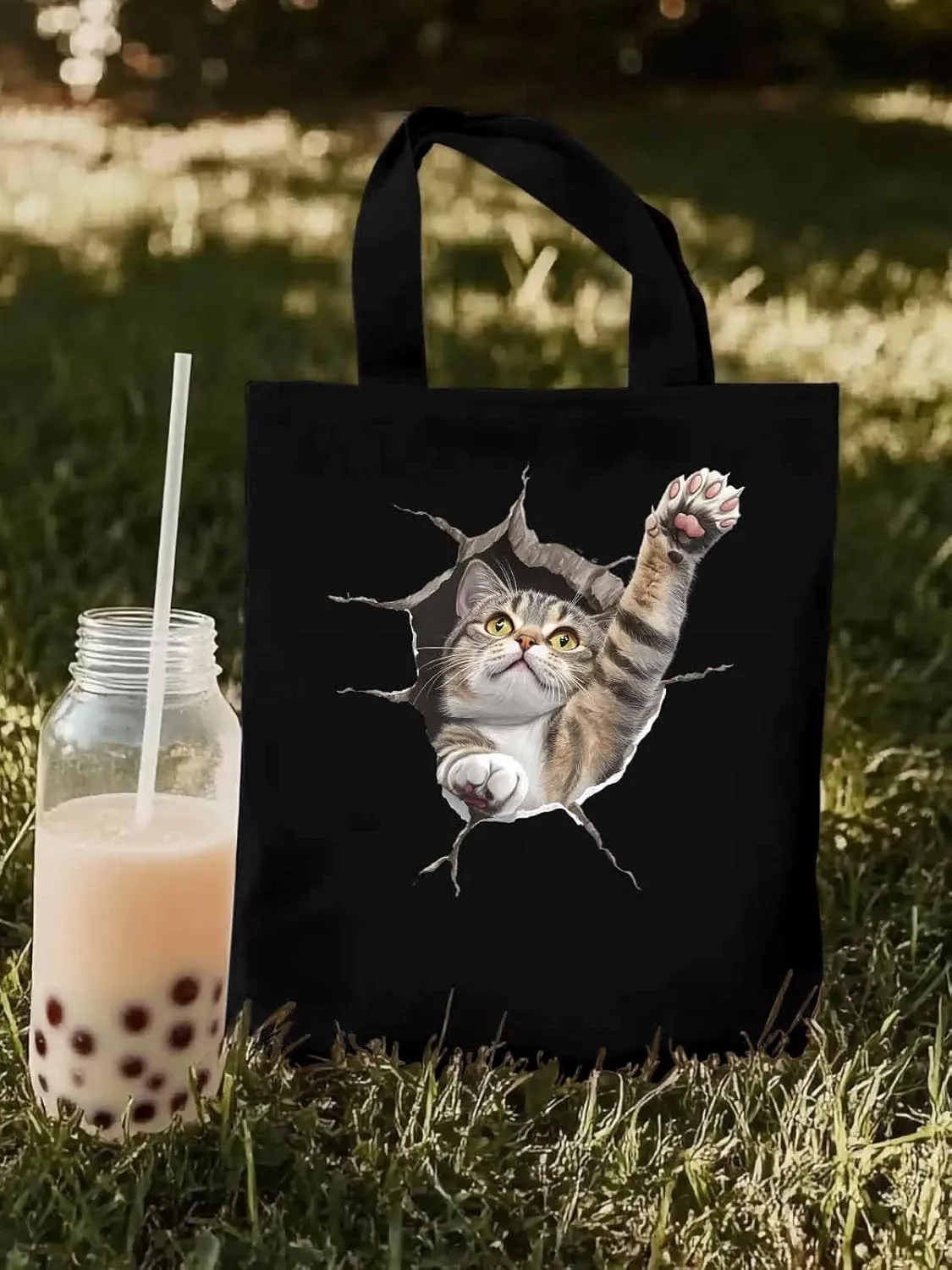 Canvas Tote Bag, Crack Cat Funny Aesthetic Canvas Tote Handbags for Women Shoulder Bag,