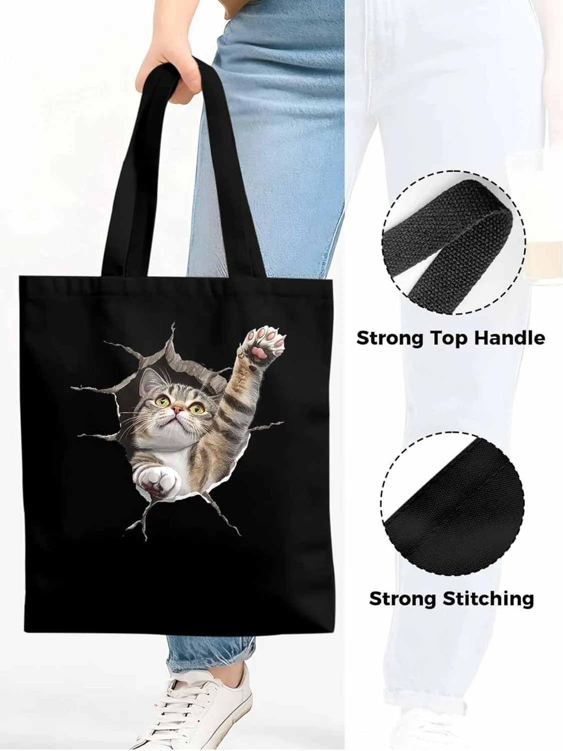 Canvas Tote Bag, Crack Cat Funny Aesthetic Canvas Tote Handbags for Women Shoulder Bag,