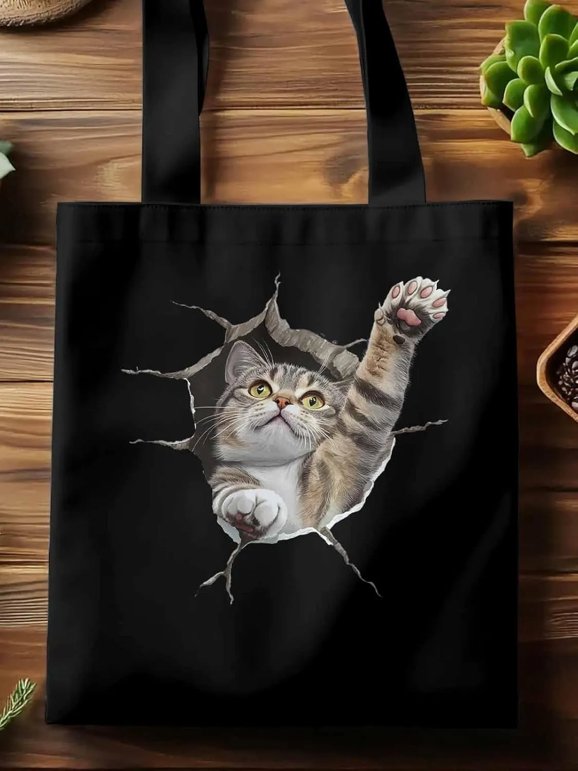 Canvas Tote Bag, Crack Cat Funny Aesthetic Canvas Tote Handbags for Women Shoulder Bag,