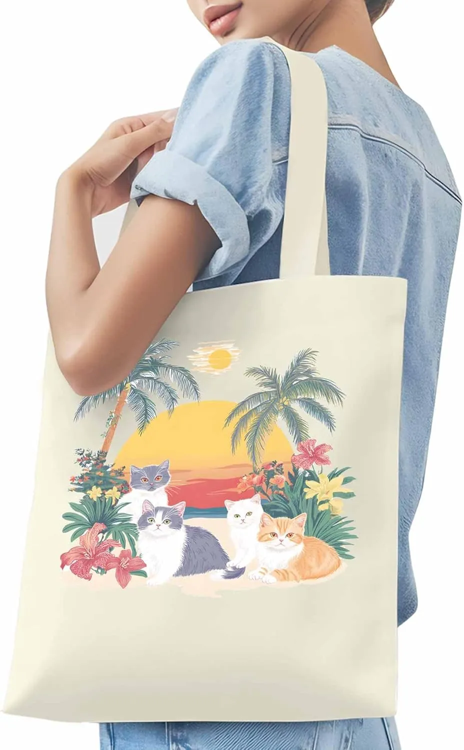 Canvas Tote Bag Cute Cat Flower Leaves Reusable Grocery Shopping Bags Beach Coconut Tree Large Canvas