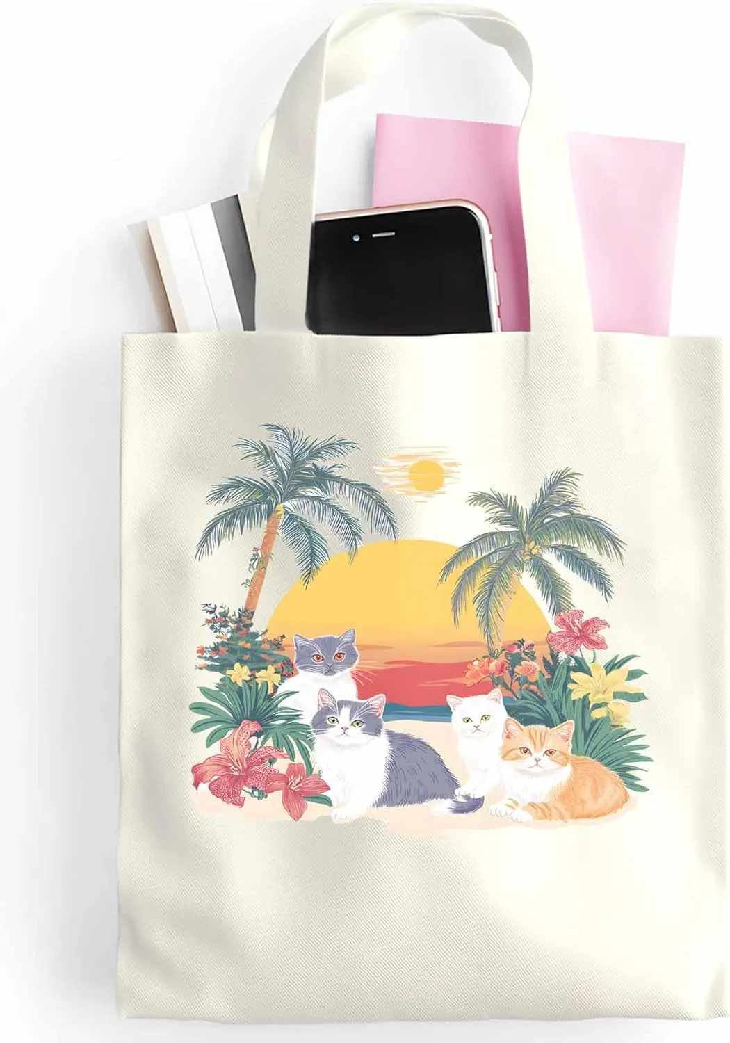 Canvas Tote Bag Cute Cat Flower Leaves Reusable Grocery Shopping Bags Beach Coconut Tree Large Canvas