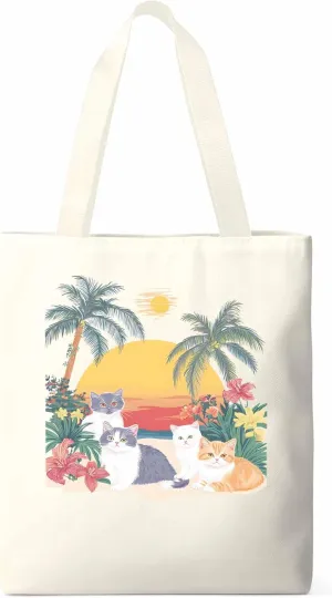 Canvas Tote Bag Cute Cat Flower Leaves Reusable Grocery Shopping Bags Beach Coconut Tree Large Canvas