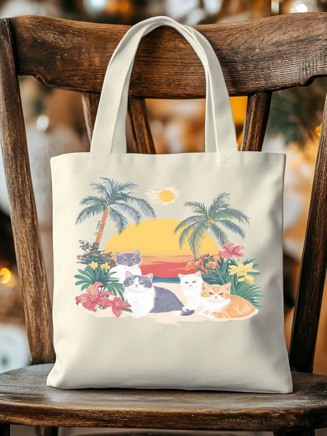 Canvas Tote Bag Cute Cat Flower Leaves Reusable Grocery Shopping Bags Beach Coconut Tree Large Canvas