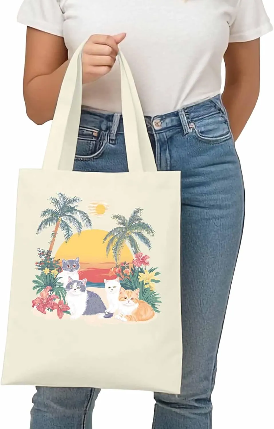 Canvas Tote Bag Cute Cat Flower Leaves Reusable Grocery Shopping Bags Beach Coconut Tree Large Canvas
