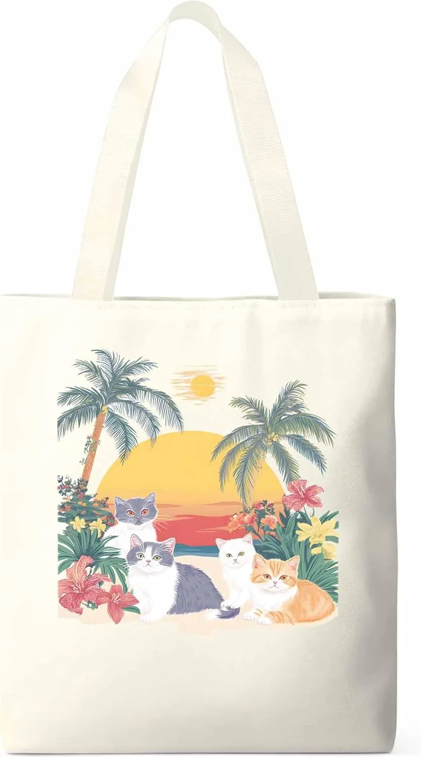 Canvas Tote Bag Cute Cat Flower Leaves Reusable Grocery Shopping Bags Beach Coconut Tree Large Canvas