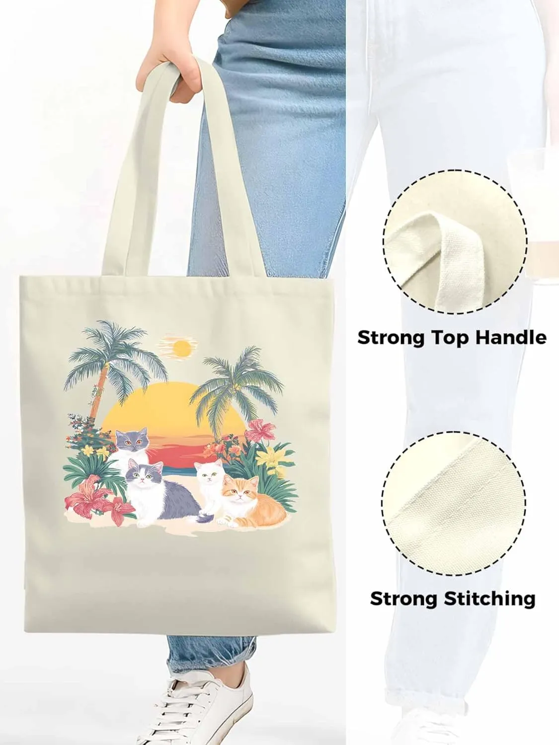 Canvas Tote Bag Cute Cat Flower Leaves Reusable Grocery Shopping Bags Beach Coconut Tree Large Canvas