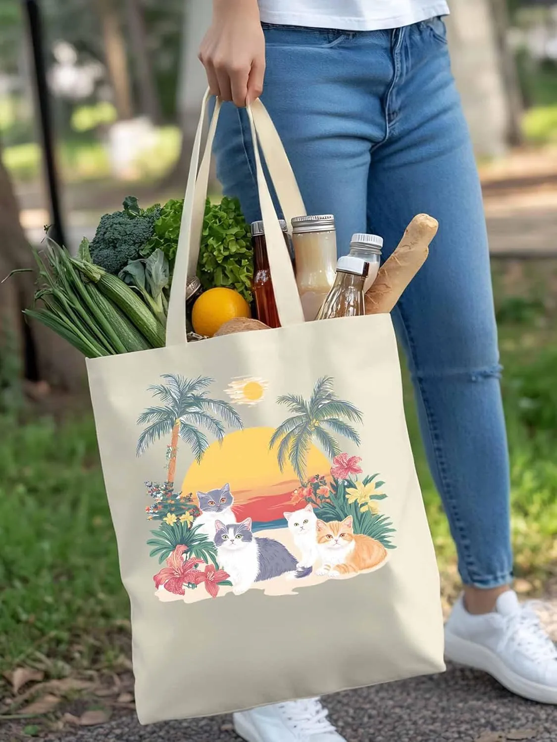 Canvas Tote Bag Cute Cat Flower Leaves Reusable Grocery Shopping Bags Beach Coconut Tree Large Canvas