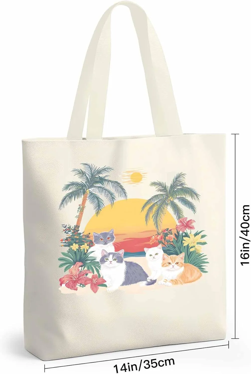 Canvas Tote Bag Cute Cat Flower Leaves Reusable Grocery Shopping Bags Beach Coconut Tree Large Canvas