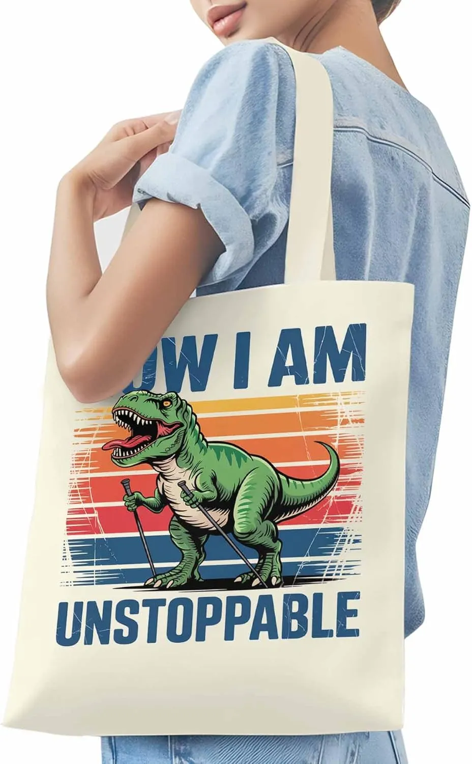 Canvas Tote Bag Dinosaur Cartoon Animal Reusable Grocery Shopping Bags with Handle, Gradient Stripe Large Canvas