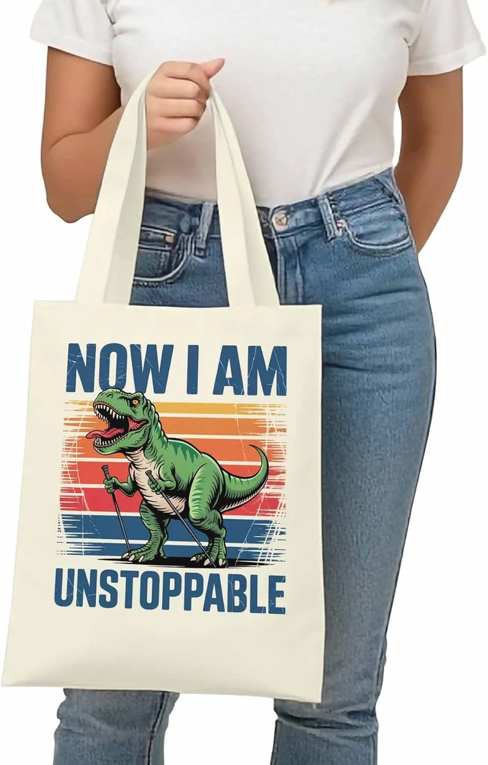 Canvas Tote Bag Dinosaur Cartoon Animal Reusable Grocery Shopping Bags with Handle, Gradient Stripe Large Canvas