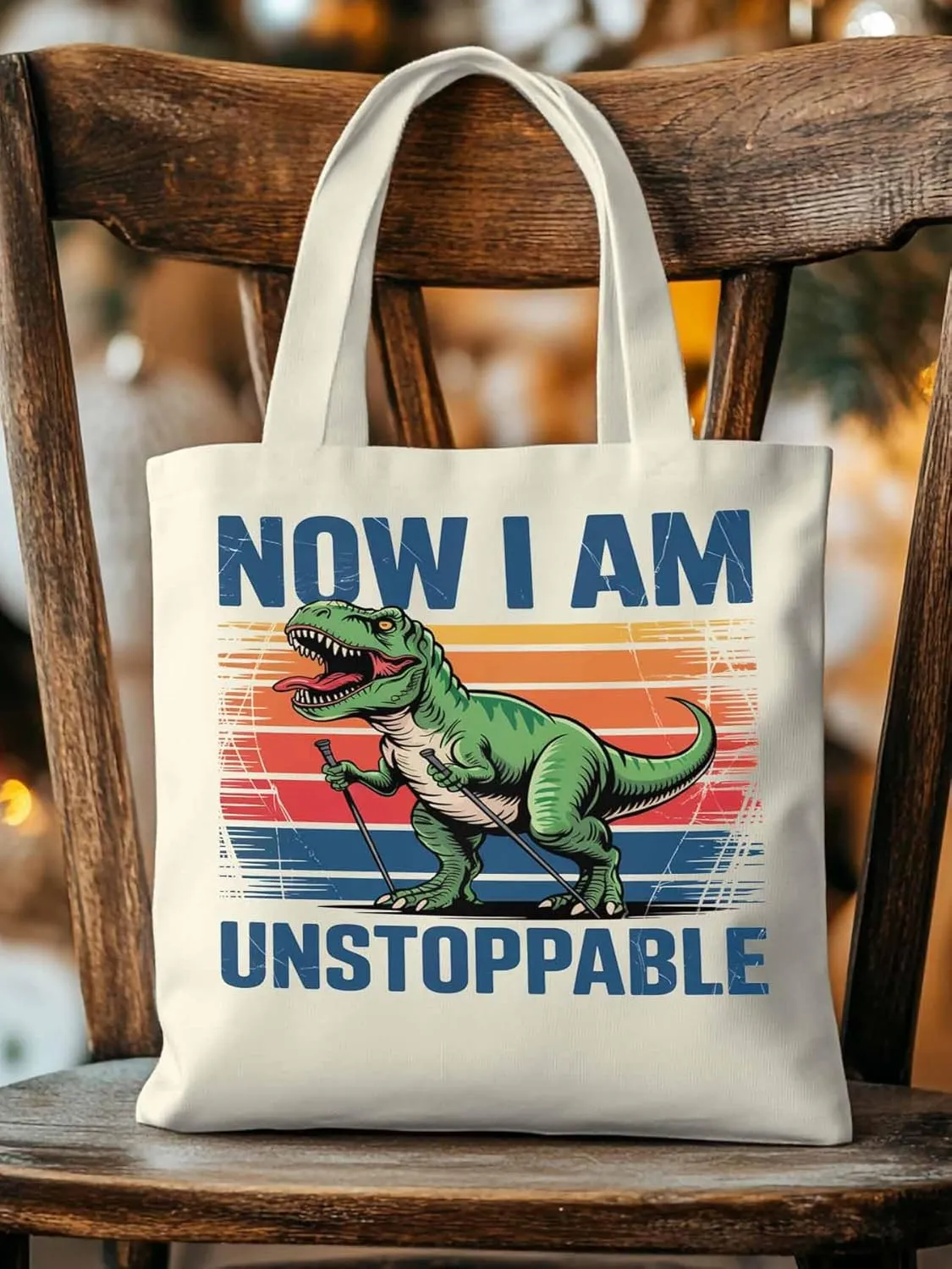 Canvas Tote Bag Dinosaur Cartoon Animal Reusable Grocery Shopping Bags with Handle, Gradient Stripe Large Canvas