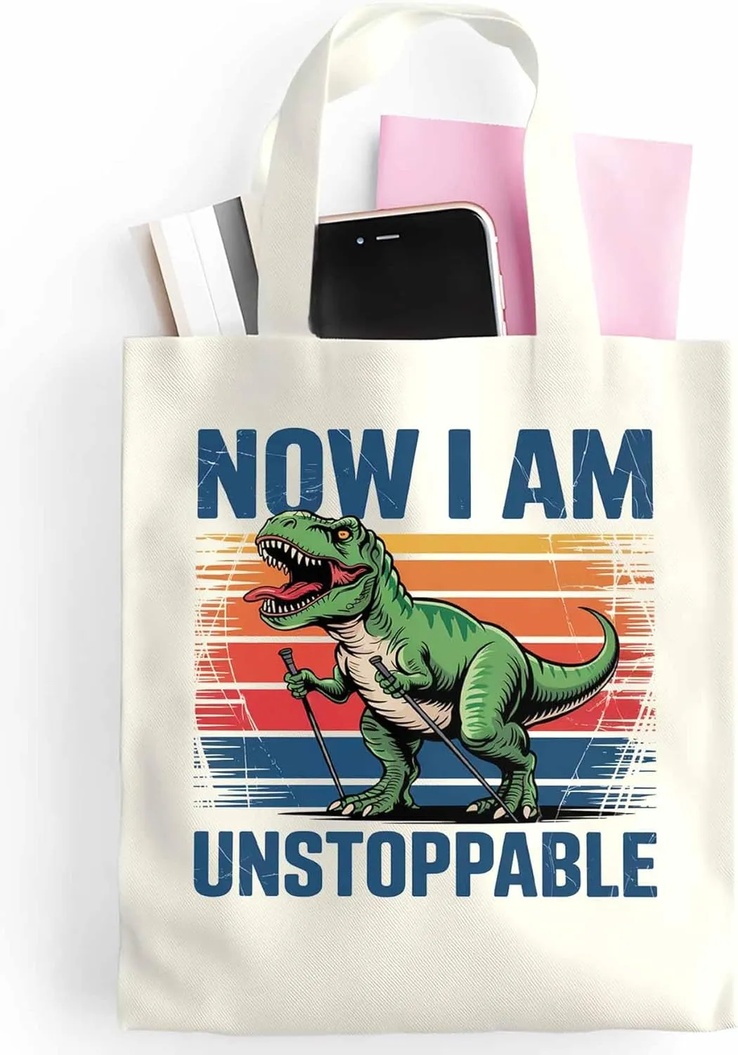 Canvas Tote Bag Dinosaur Cartoon Animal Reusable Grocery Shopping Bags with Handle, Gradient Stripe Large Canvas